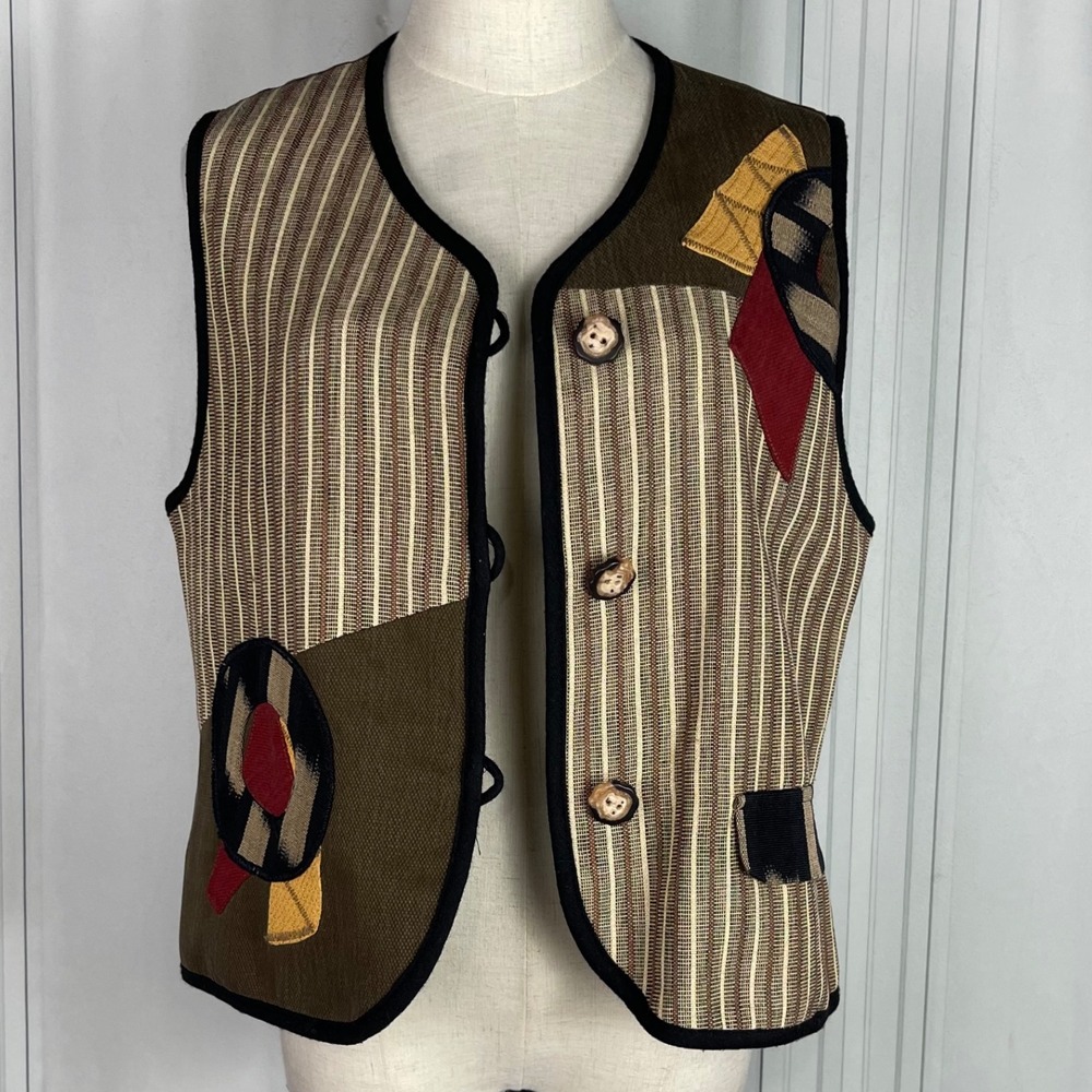 Canvasbacks Vest Vintage Inspired Striped/Patchwork‎ Button Up Sleeveless Medium